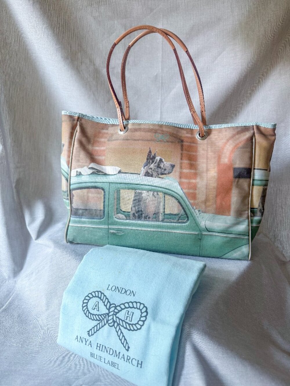 Anya Hindmarch Blue Label Great Dane Vintage Car Print Tote Y2K Coated Canvas